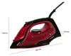 A red and black steam iron is shown from a side-diagonal angle with dimensions indicated. Anteprima dell’immagine prodotto
