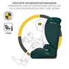 Diagram illustrating safety standards and features of a car seat, with a car seat shown in the foreground. Produktbild-Vorschau