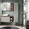 A modern bathroom vanity with a sink and storage, decorated with a patterned wallpaper and ambient lighting. Produktbild-Vorschau
