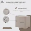 A marketing image showcasing a beige bathroom cabinet with ribbed detailing and gold handles, accompanied by close-up views of its interior and exterior. Produktbild-Vorschau