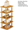 A multi-tier shoe rack made of wood, filled with shoes and topped with a handbag. Produktbild-Vorschau