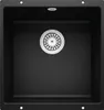 A top-down view of a black kitchen sink with a silver drain. Produktbild-Vorschau