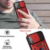 A person is holding a red and black iPhone 13 Pro case with a camera cover. Below are icons and text describing features. Produktbild-Vorschau