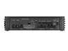 Rear view of a black audio amplifier with various input and output ports. Voir les images du produit