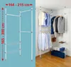 A split image showing a diagram of a telescopic wardrobe system on the left and a fully assembled wardrobe system with clothes and storage baskets on the right. Produktbild-Vorschau