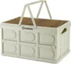 A cream-colored folding storage box with a wooden lid and handles. Produktbild-Vorschau