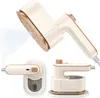 A collage of a portable steam iron, showing different angles and a close-up of the steam function. Produktbild-Vorschau