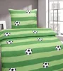 A bed with green striped bedding featuring soccer balls. Produktbild-Vorschau