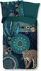 A folded duvet cover and pillowcase set with a vibrant, detailed pattern. Produktbild-Vorschau