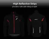 A black cycling jacket with red accents and reflective strips is shown from the front and back against a black background. Text above describes the reflective strips. Anteprima dell’immagine prodotto
