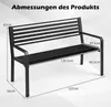 A black metal park bench with dimensions indicated by lines and text. Produktbild-Vorschau