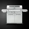 A stainless steel gas grill with side shelves and a black glass lid, presented against a plain black background. Produktbild-Vorschau