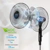 A close-up marketing image of two standing fans, with text overlays providing specifications. Produktbild-Vorschau