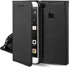A black flip case for a smartphone is shown, with the phone inside and partially open. Produktbild-Vorschau
