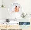 A woman in a towel is reflected in a round LED mirror in a bathroom setting. Text overlays highlight product features. Produktbild-Vorschau