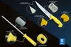 A knife and a honing steel are displayed with callouts highlighting their features. Produktbild-Vorschau