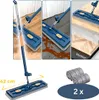 A collage of images showing a blue mop with a silver and orange handle, demonstrating its use on different floor types and showing extra cleaning cloths. Voir les images du produit