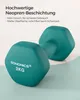 A teal dumbbell with the brand name and weight printed on it, set against a light background with descriptive text. Produktbild-Vorschau