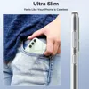 A person's hand is placing a transparent phone case with a phone inside into a pair of jeans. The side of the phone case is also shown. Produktbild-Vorschau