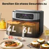 A dual-chamber air fryer is shown with food inside and around it, along with text highlighting its features. Produktbild-Vorschau