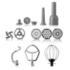 A collage of various kitchen appliance attachments, including dough hooks, whisks, and grinder plates. Náhled obrázku produktu