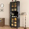 A black corner cabinet with glass doors and gold accents, placed in a room with a clock and a floor lamp. Anteprima dell’immagine prodotto