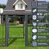 A garden gate in front of a house, with feature callouts on the right. Produktbild-Vorschau