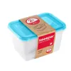 A food storage container with a blue lid, wrapped in a brown paper band with product information. Podgląd zdjęcia produktu