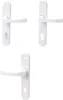 Three white door handles with backplates are arranged in a collage against a white background. Produktbild-Vorschau