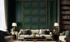A luxurious living room with a dark green wall featuring decorative gold-rimmed circular panels, a beige sofa, and a bookshelf filled with books. Produktbild-Vorschau
