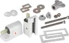 A collection of toilet seat mounting hardware and parts, including hinges, bolts, nuts, washers, and plastic components, laid out on a white background. Produktbild-Vorschau