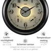 A close-up of a wall clock with integrated thermometer and hygrometer, with descriptive text and icons below. Produktbild-Vorschau