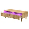 A modern wooden coffee table with two open drawers, illuminated by purple LED lights, and supported by gold-colored legs. Produktbild-Vorschau
