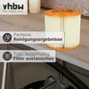 A round pleated filter is shown on a countertop next to text overlays highlighting its benefits and maintenance tips. Produktbild-Vorschau