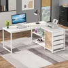 A white L-shaped desk with a computer, printer, and storage drawers, set up in a home office environment. Anteprima dell’immagine prodotto