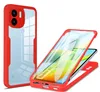 A red phone case with a transparent back is shown next to a phone inside a similar case. Produktbild-Vorschau