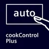 A finger is about to touch the word 'auto' within a white rectangle, with the text 'cookControl Plus' below it. Produktbild-Vorschau