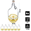 A large glass jug with a handle and a cap, shown with dimensions and a set of six smaller jugs below. Icons indicating quantity, capacity, and weight are on the right. Produktbild-Vorschau