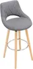 A single bar stool with a gray upholstered seat and backrest, supported by three wooden legs connected by a metal footrest ring. Produktbild-Vorschau