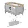 A travel crib and its carrying bag with dimensions shown. Produktbild-Vorschau