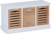 A white and wood storage bench with three compartments. Produktbild-Vorschau