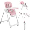 A collage of images showing a pink baby high chair in various configurations and angles, including folded and reclined positions. Produktbild-Vorschau