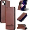 A collage of product shots showing a brown leather iPhone case from different angles and in different configurations. Produktbild-Vorschau