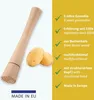A wooden potato masher and two potatoes are shown on a white background, with marketing text and checkmarks on a yellow background. Podgląd zdjęcia produktu