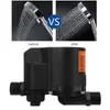 A collage showing a shower head before and after using a water pressure booster pump, with the pump itself shown below. Náhled obrázku produktu