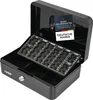 A black metal cash box with an open lid, revealing coin compartments and banknote sections. Anteprima dell’immagine prodotto