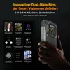 A hand holding a rugged smartphone with a dual display, showcasing various app interfaces on the secondary screen. Produktbild-Vorschau