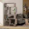A modern living room with a gray sofa and a unique, multi-level bookshelf. Anteprima dell’immagine prodotto
