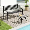 A black metal garden bench and a small square side table are placed on a wooden deck next to a swimming pool. Produktbild-Vorschau