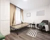 A bedroom scene with a bed frame, chair, and curtains. Produktbild-Vorschau
